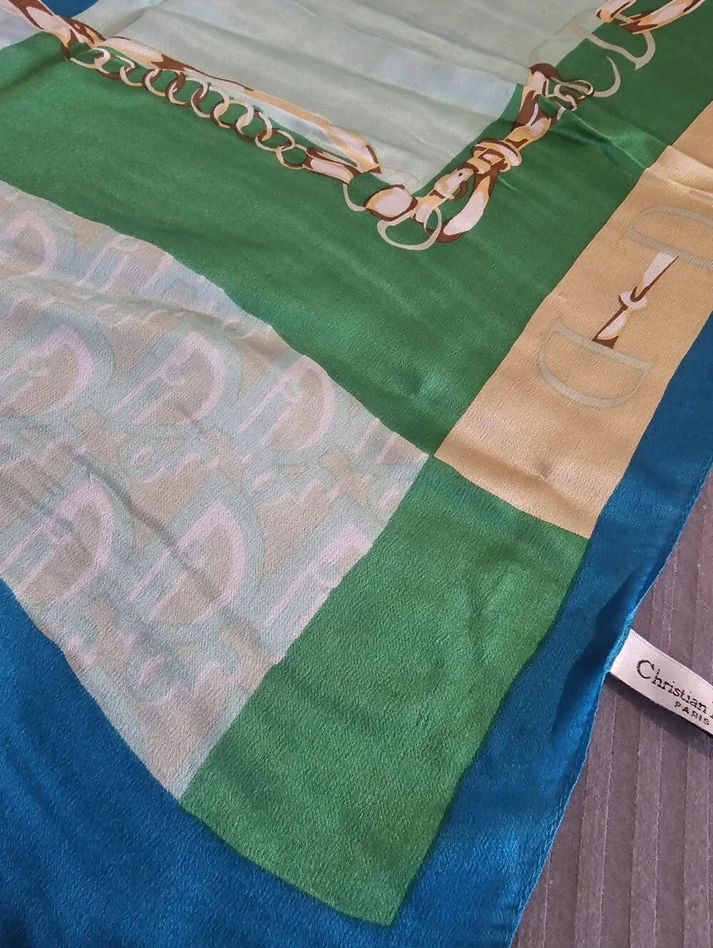 Christian Dior Vintage Silk Scarf Turquoise Equestrian Chain Trotter Monogram